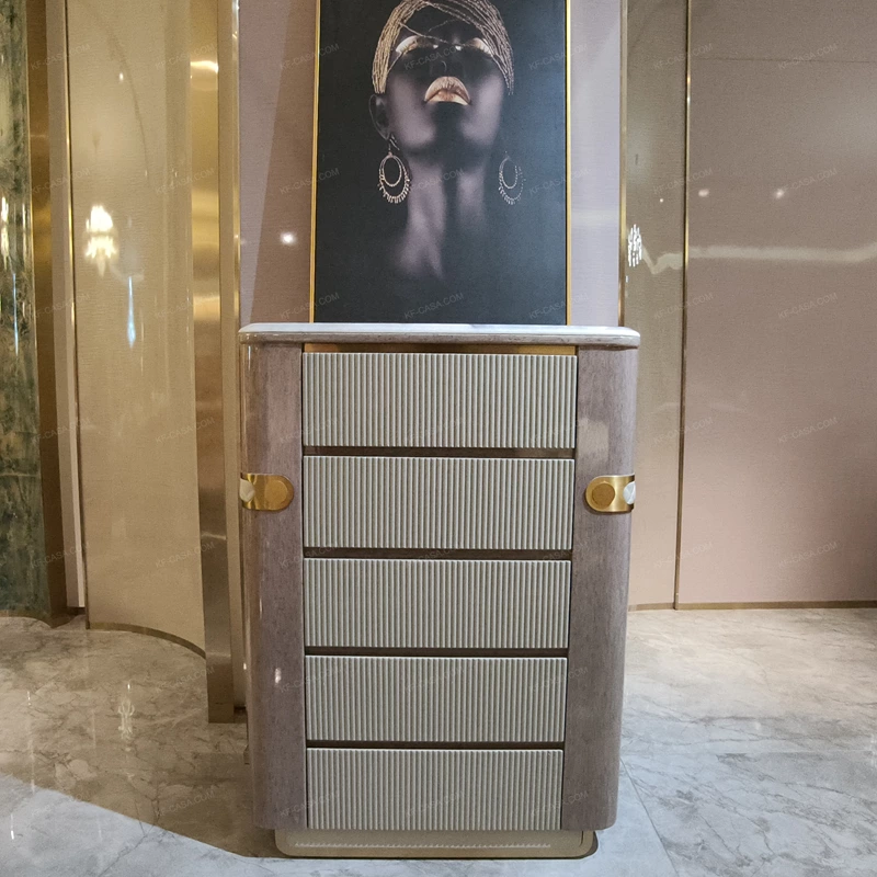 Marble-Top Sideboard Cabinet with Five Fluted Drawers, Rounded Light Wood Veneer Frame, and Brass Accent Details